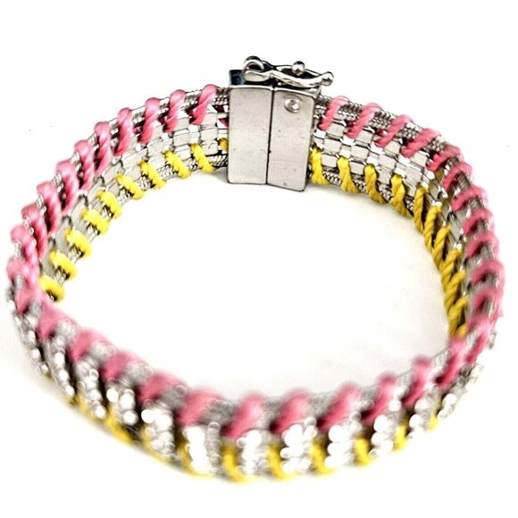 Ann Taylor Loft Silver Tone Barbie Pink & Yellow Rhinestone Inlay Bracelet - Picture 2 of 4